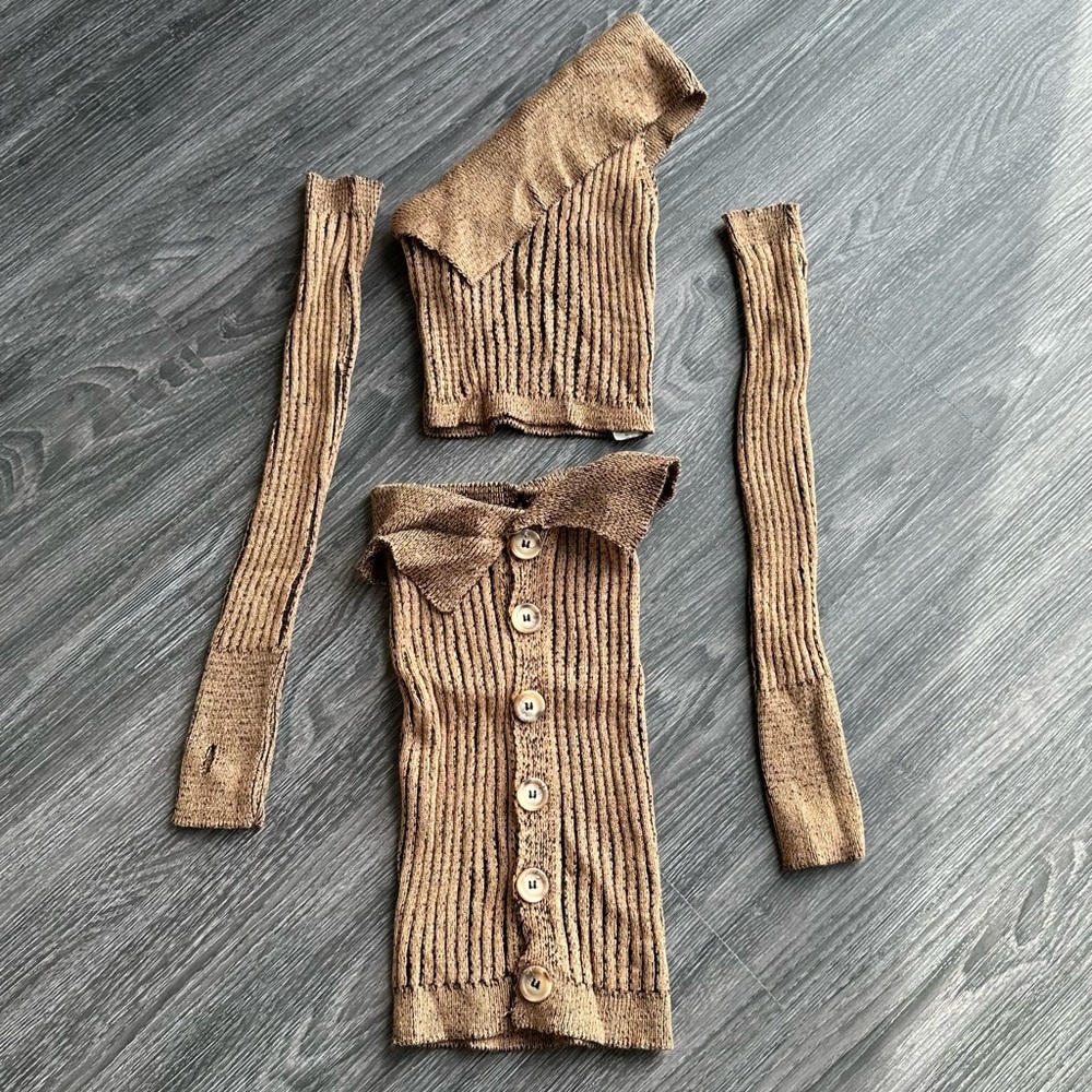 Brown Ribbed Knit Button-Up Set - Picture 2 of 2
